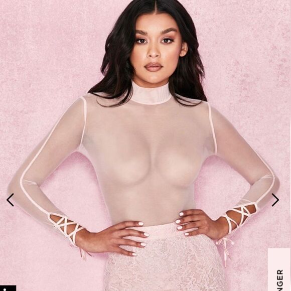 HOUSE OF CB CAROVI  POWDER PINK SHEER MESH BODYSUIT - Picture 2 of 13